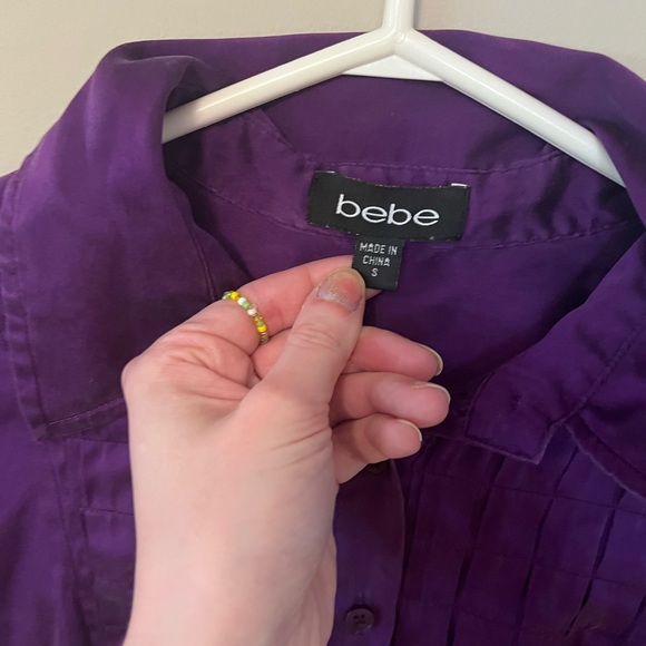 Purple puffy sleave button up top, short sleeve top, bebe satin top - Picture 3 of 3